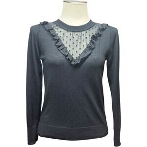 LOFT Wool Blend Ruffle Crew Neck Sweater Sheer Polka Dot Panel Black Small